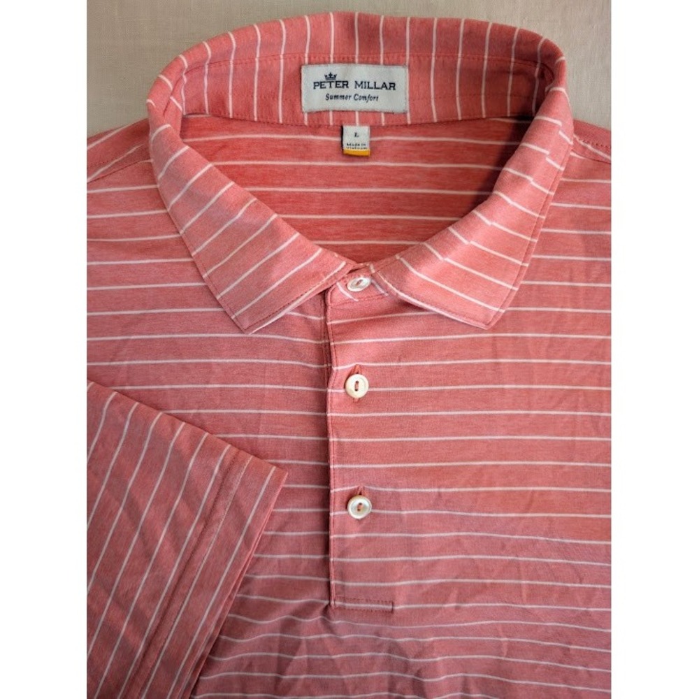 Peter Millar Summer Comfort Polo Mens Large Coral White Striped Golf Shirt